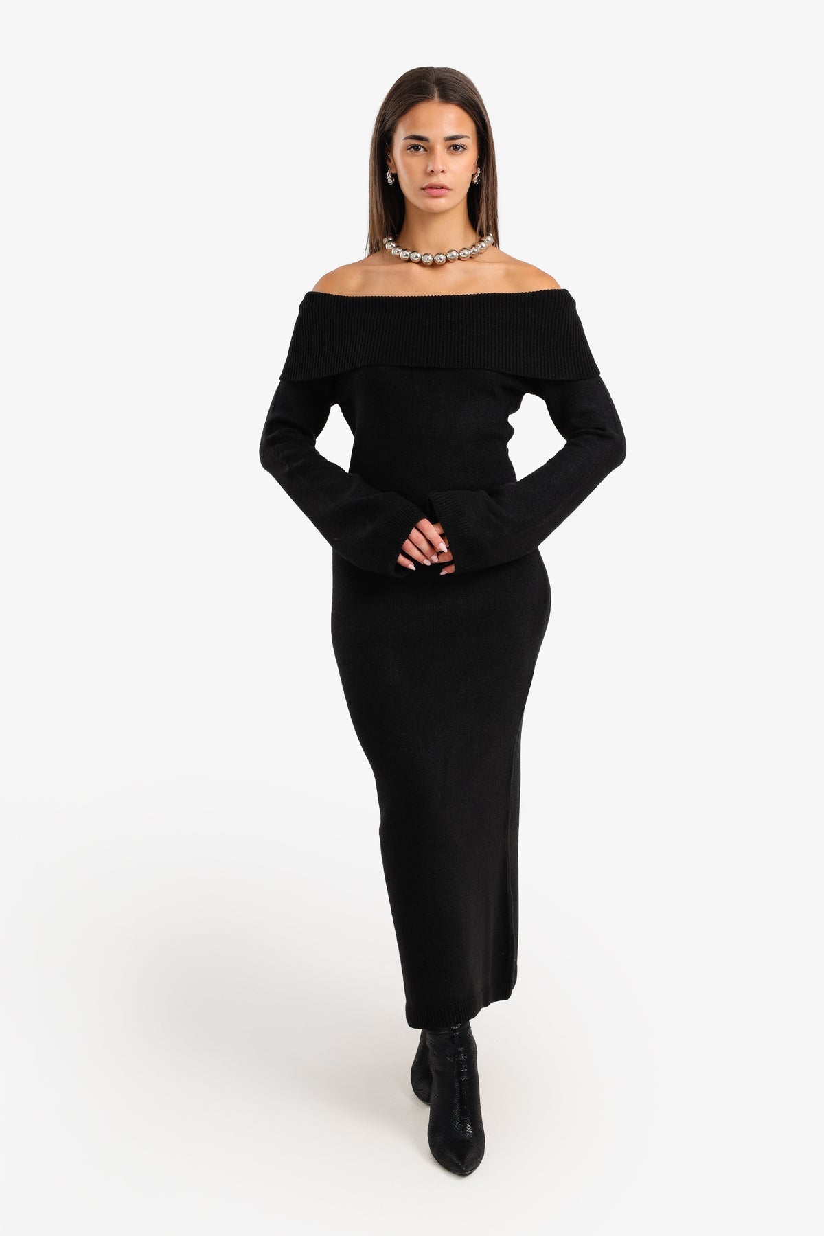 Wool Off-Shoulder Maxi Dress – Black
