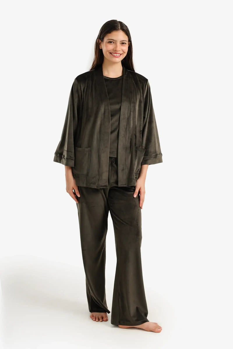 Velvet Plain Pajama Set – Dark Khaki