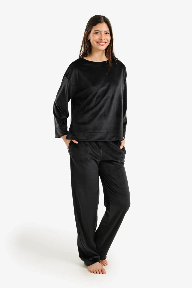 Velvet Plain Pajama Set – Black