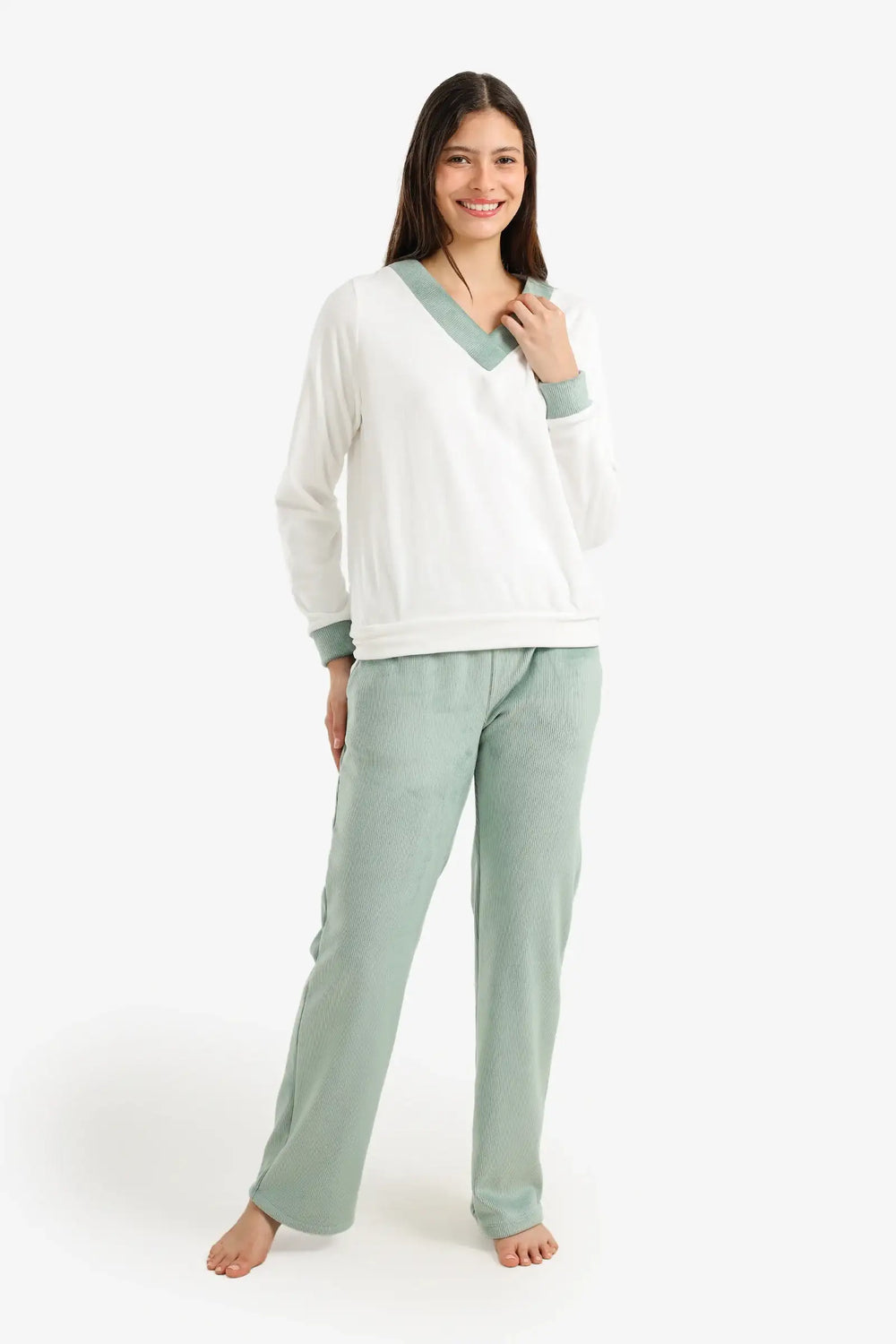 Velvet Contrast-Trim Pajama Set – White & Mint Green