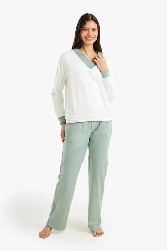 Velvet Contrast-Trim Pajama Set – White & Mint Green