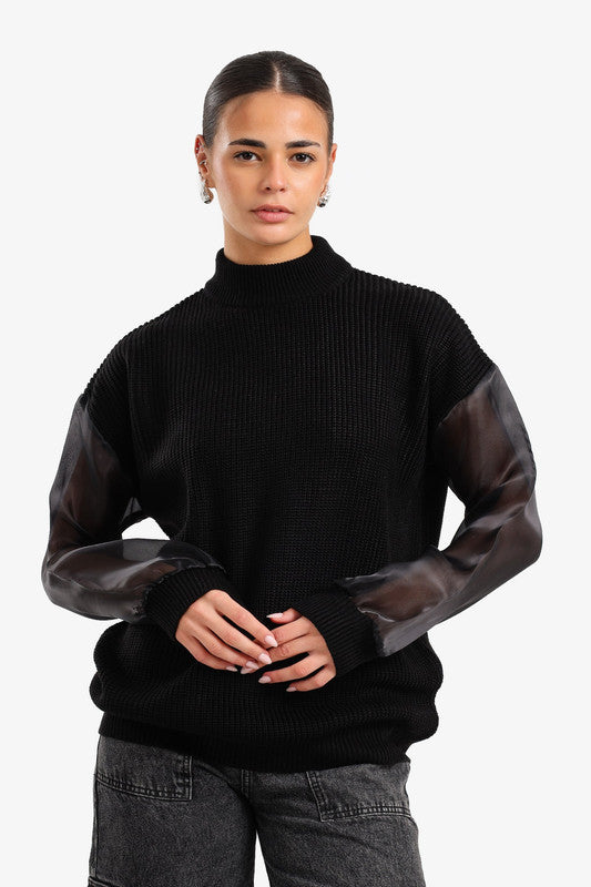 Ribbed Contrast Sheer Sleeve Knit Pullover – Black