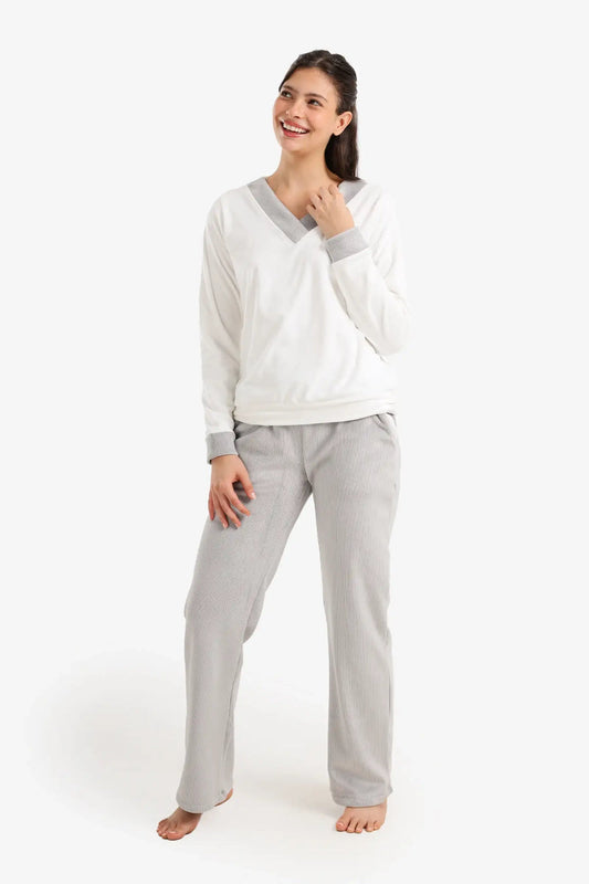 Velvet Contrast-Trim Pajama Set – White & Light Grey