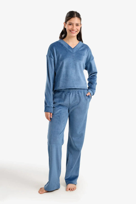 Velvet Ribbed Pajama Set – Blue