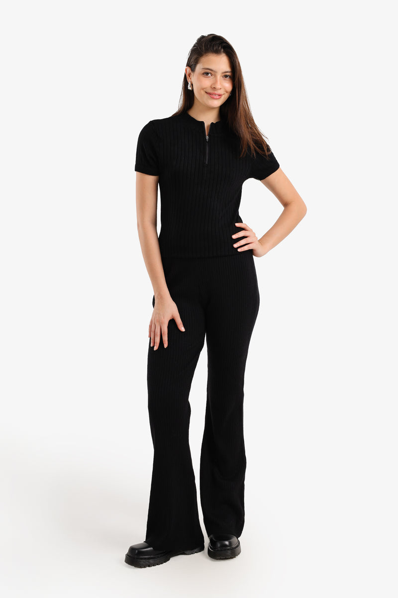 Polyamide Ribbed Flared Pants – Black