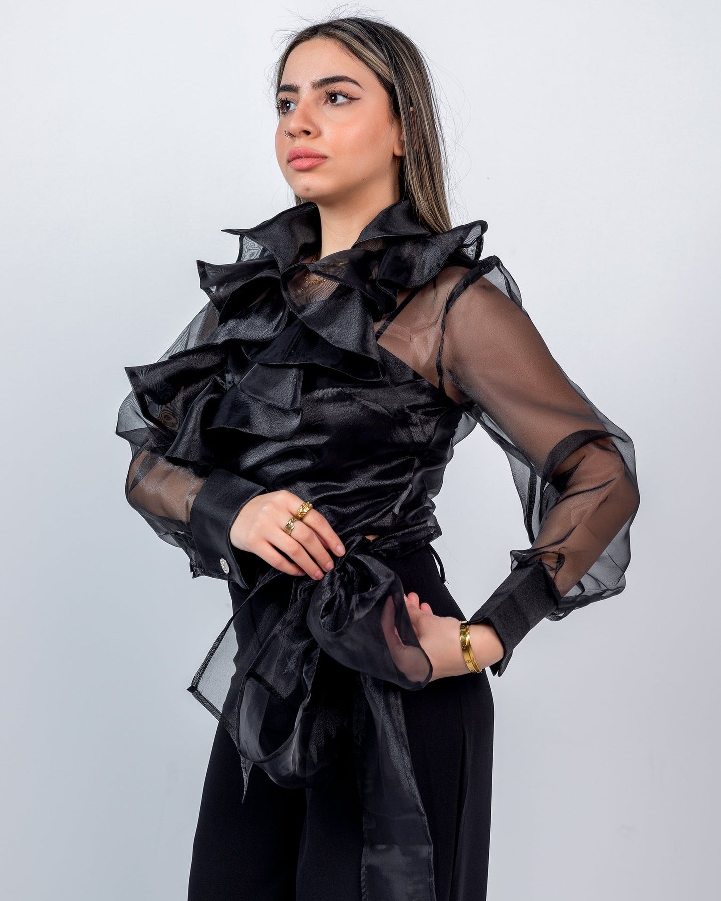 Organza Ruffled Wrap Blouse – Black