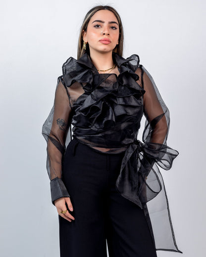 Organza Ruffled Wrap Blouse – Black