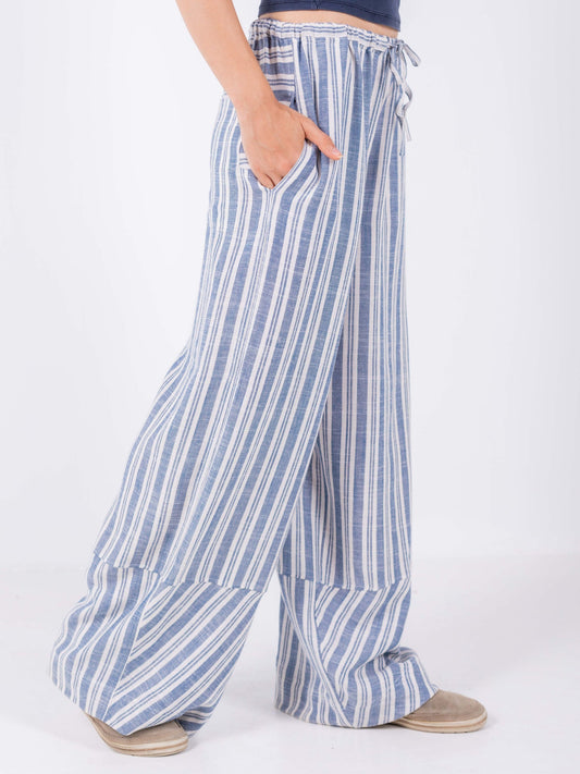 Linen Wide-Leg Striped Trousers - Blue