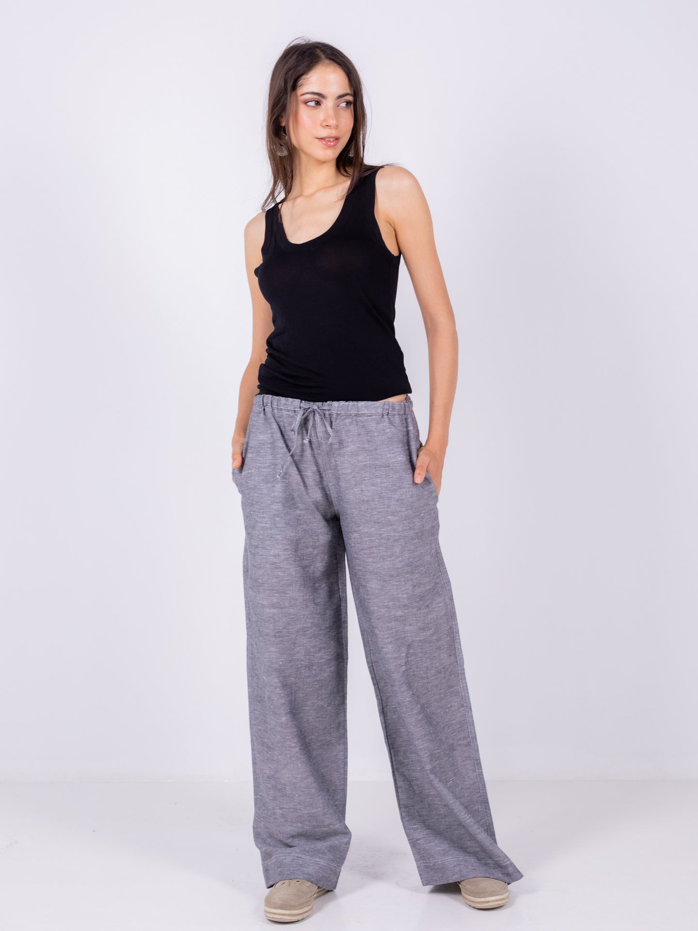 Linen Wide-Leg Trousers - Grey