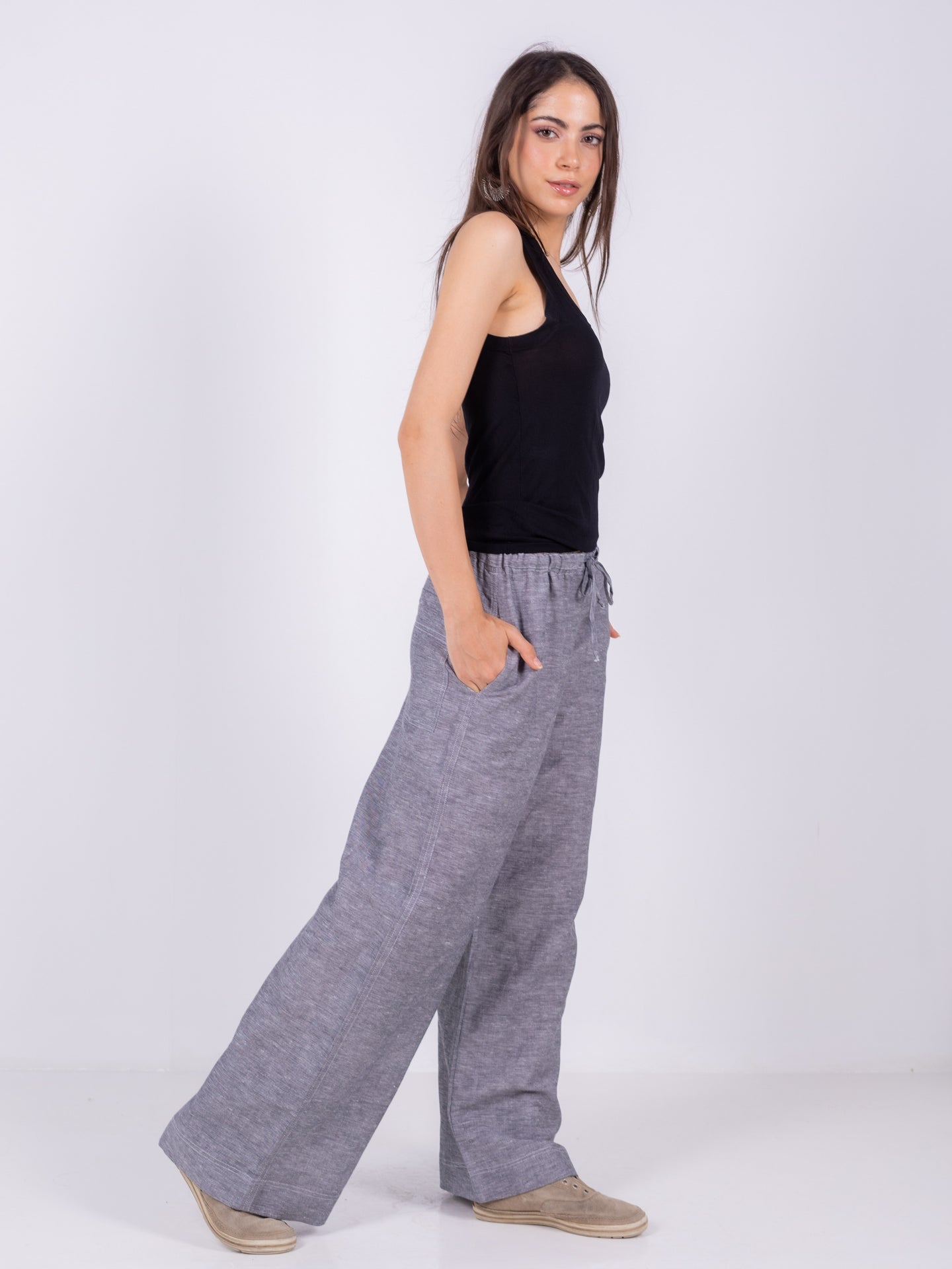 Linen Wide-Leg Trousers - Grey