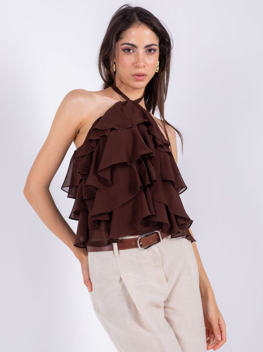 Chiffon Ruffled Halter Top – Brown
