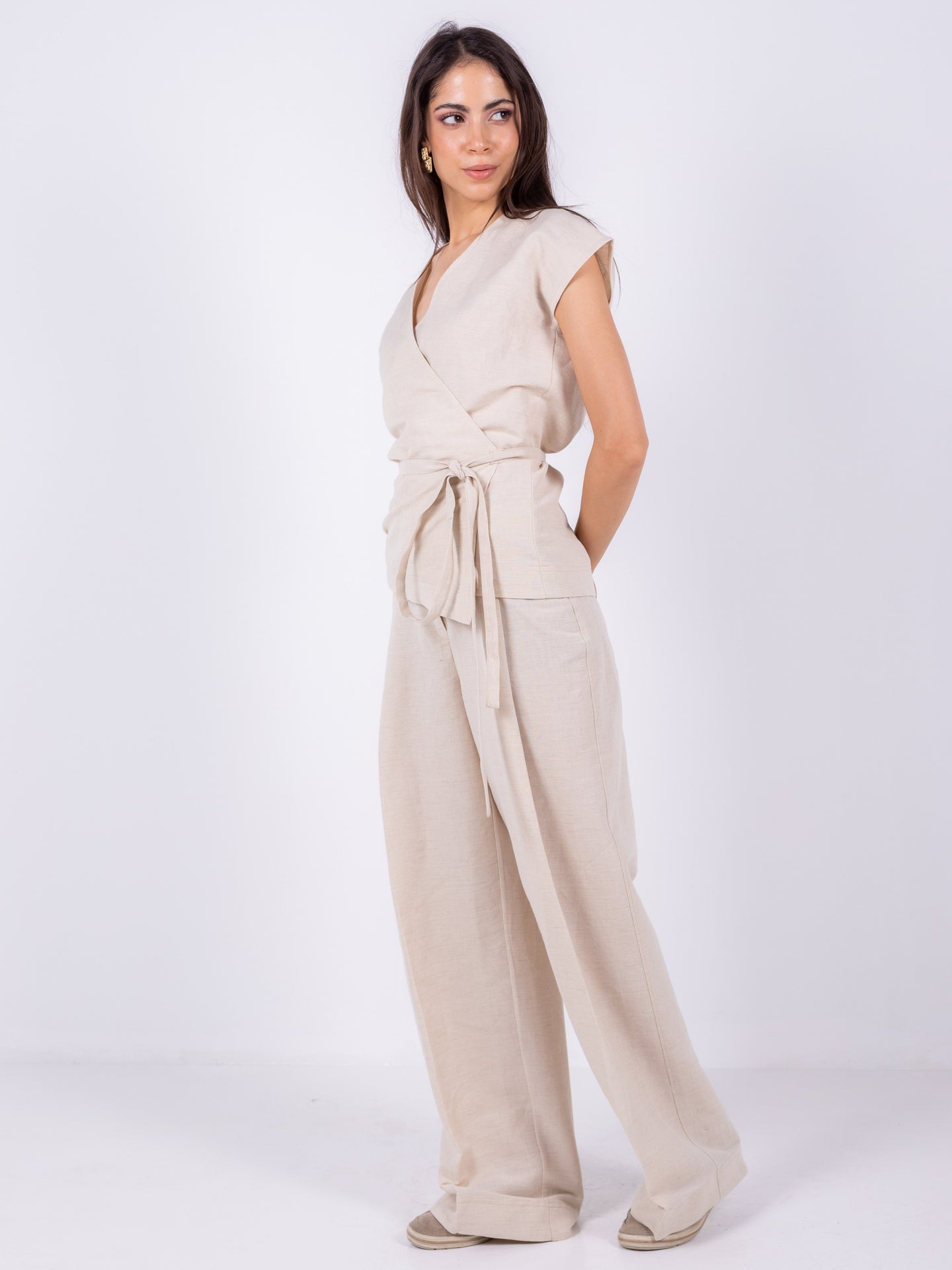 Linen Wide-Leg Trousers - Beige