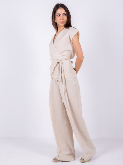Linen Wide-Leg Trousers - Beige