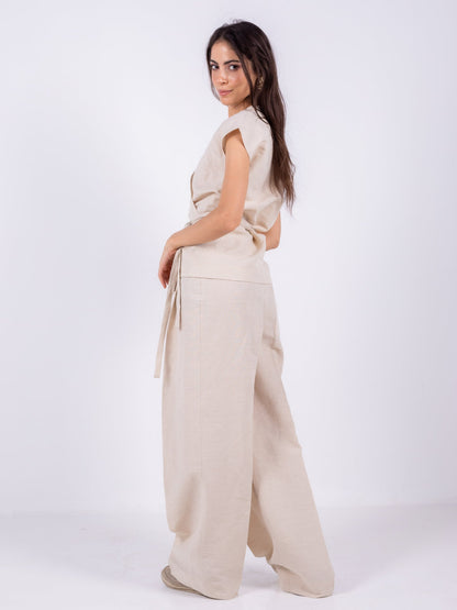 Linen Wide-Leg Trousers - Beige