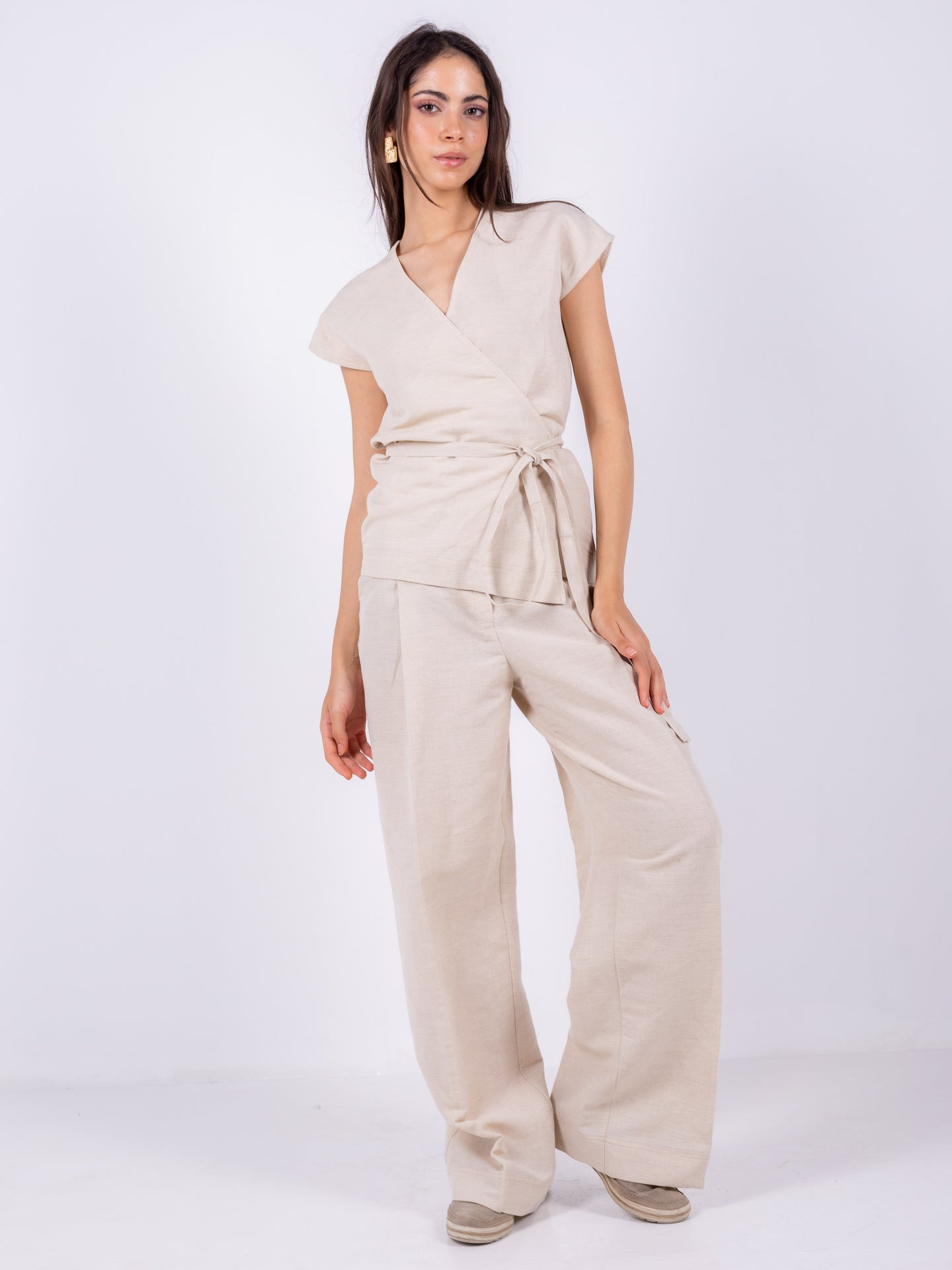 Linen Wide-Leg Trousers - Beige