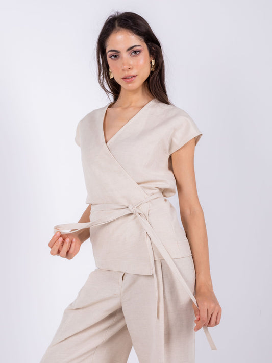 Linen Kimono Wrap Top – Beige