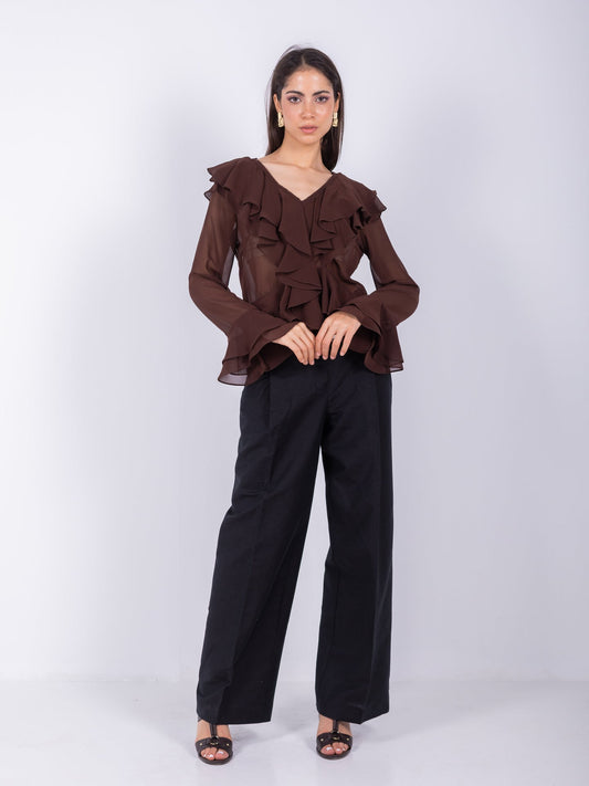 Chiffon Ruffled Blouse – Brown