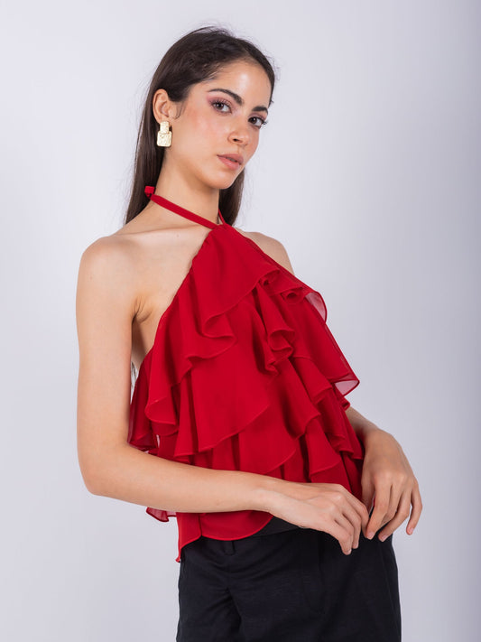 Chiffon Ruffled Halter Top – Red