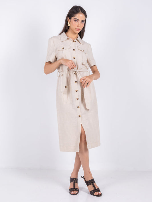 Linen Shirt Midi Dress – Beige