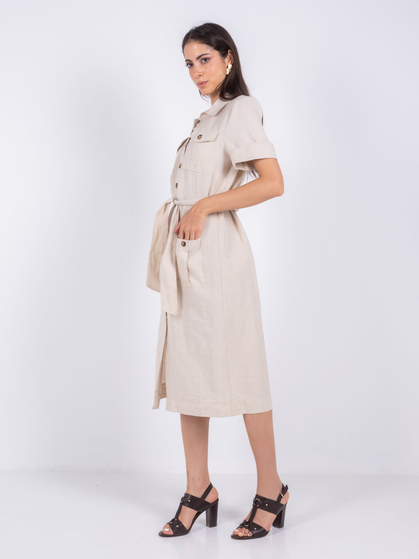 Linen Shirt Midi Dress – Beige