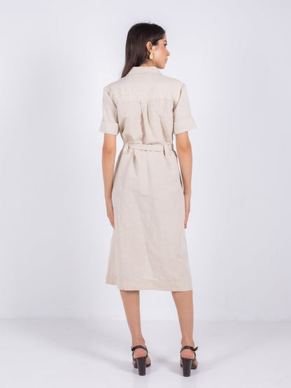 Linen Shirt Midi Dress – Beige