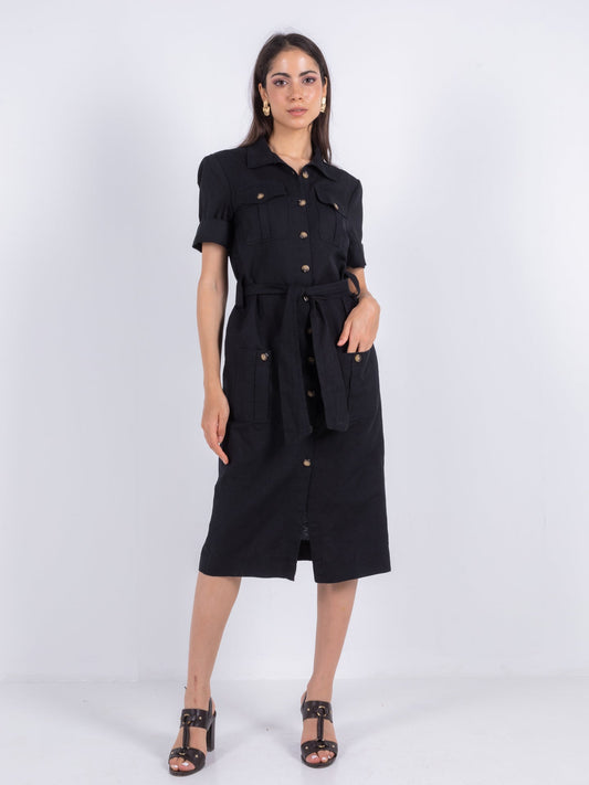 Linen Solid Midi Dress – Black