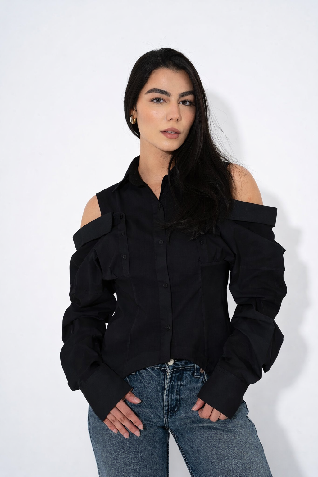 Cut-Out Shoulder Shirt - Black