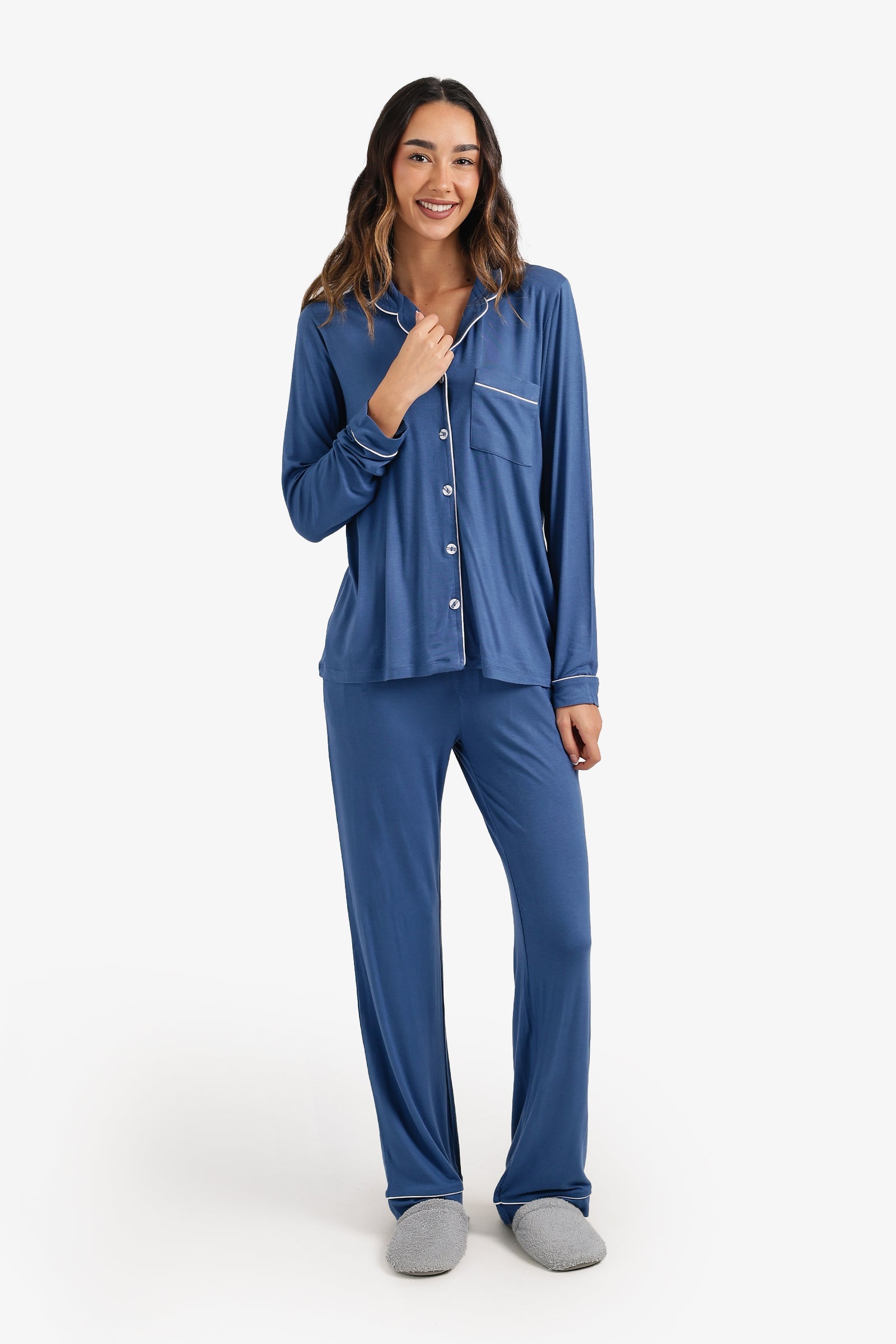 Solid Contrast Piping Pajama Set – Royal Blue