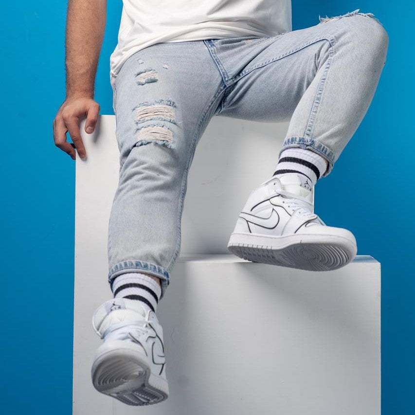 Cotton Basic Striped Crew Socks – White