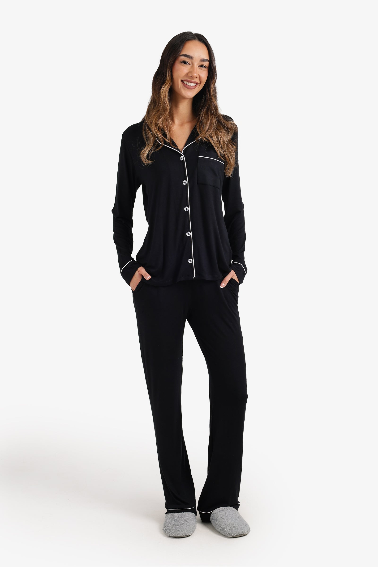 Solid Contrast Piping Pajama Set – Black