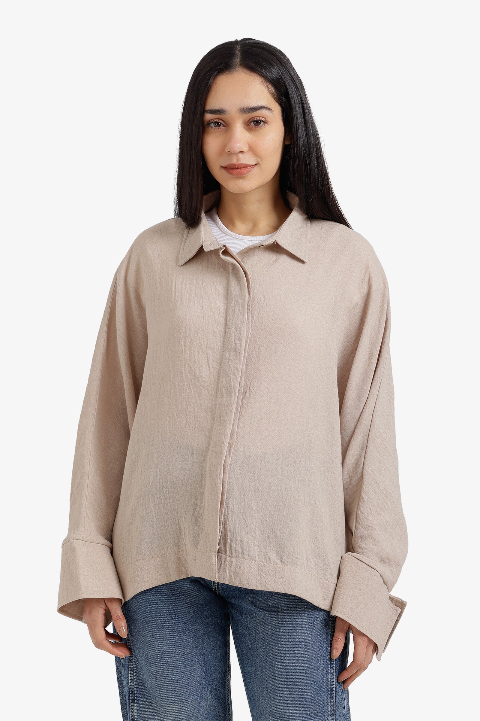 Plain Hidden Placket Oversized Shirt – Light Beige