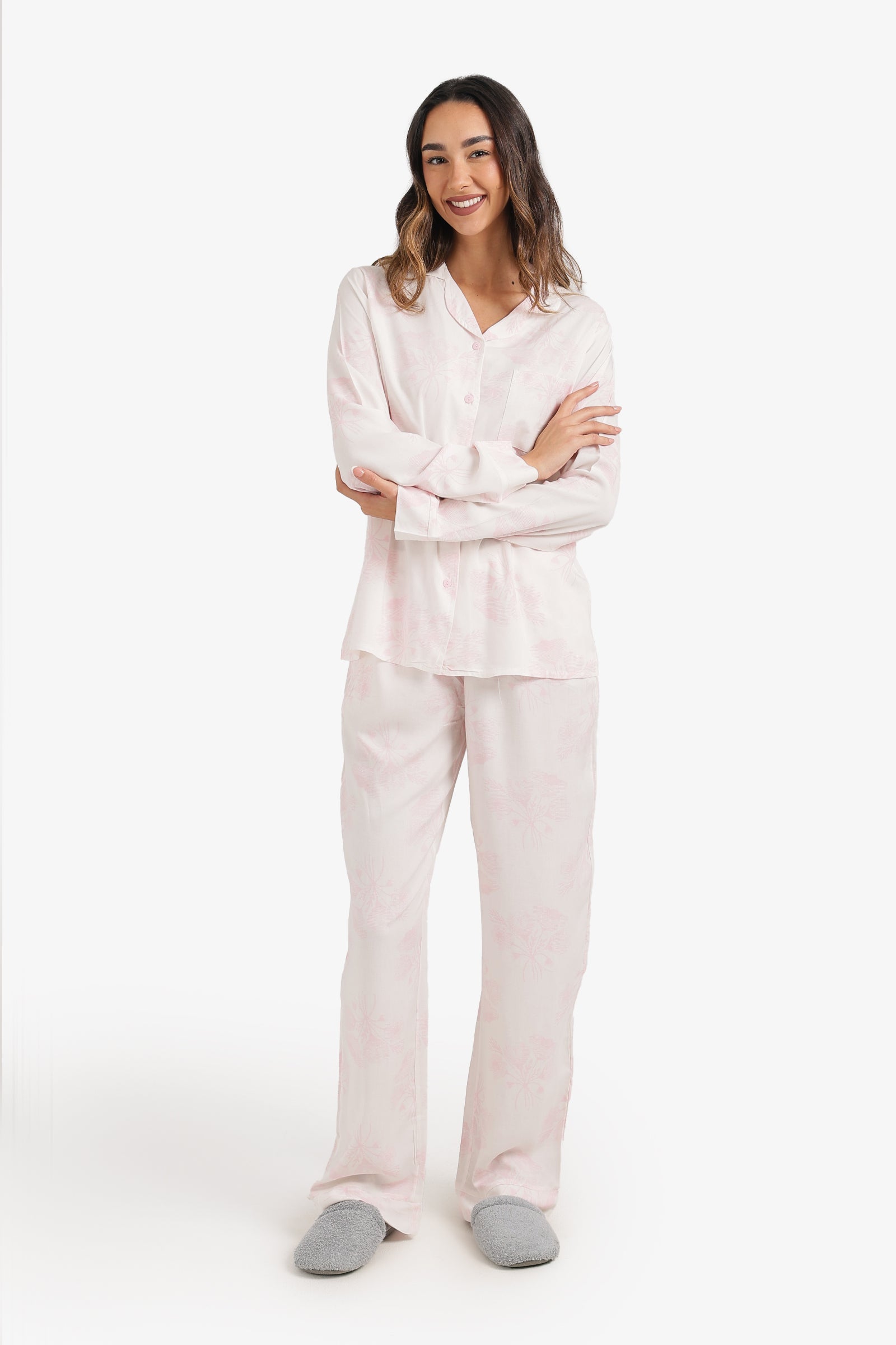 Floral Print Button-Down Pajama Set – Light Pink