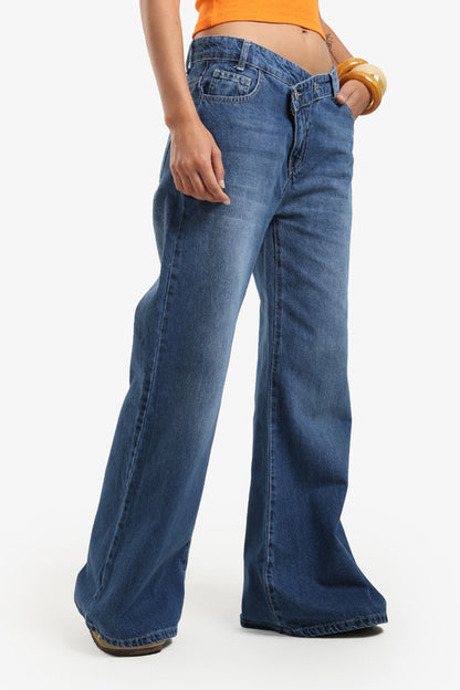 Cotton Solid High-Rise Straight-Leg Jeans – Blue