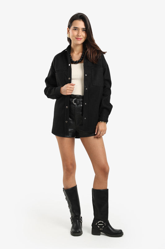 Fleece Solid Overshirt - Black