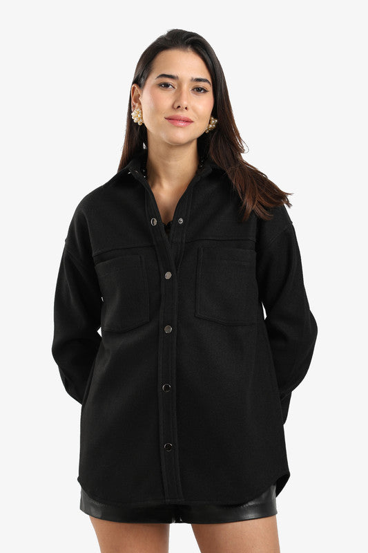 Fleece Solid Overshirt - Black