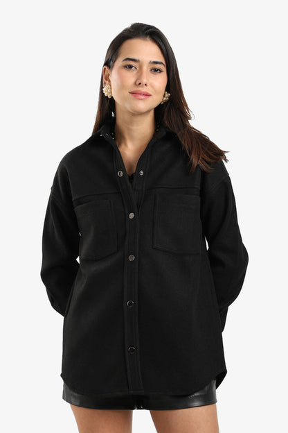 Fleece Solid Overshirt - Black