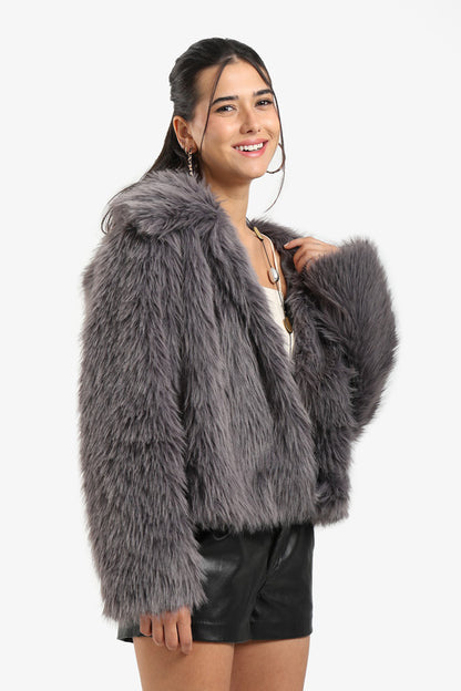 Sherpa Solid Open Neckline Jacket – Grey