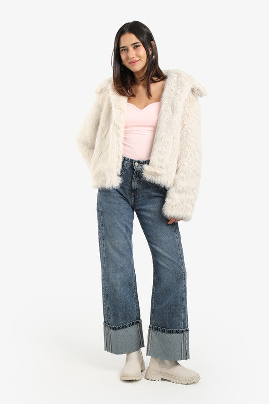 Sherpa Solid Open Neckline Jacket – Beige