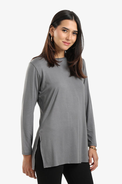 Poplin Solid Long Sleeve T-Shirt – Grey