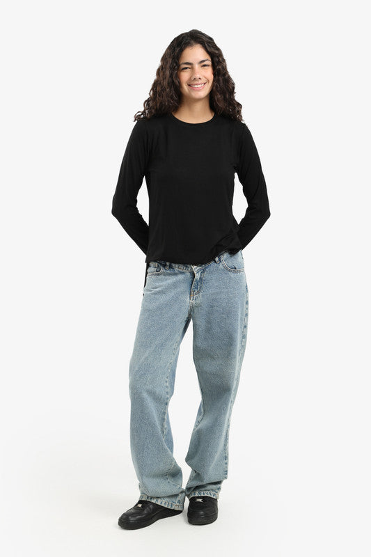 Poplin Solid Long Sleeve T-Shirt – Black