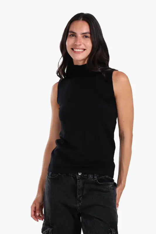 Wool Solid High Neck Sleeveless Pullover – Black