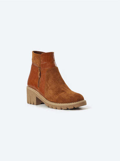 Suede Half Boot With Crocodile Leather And Double Zipper