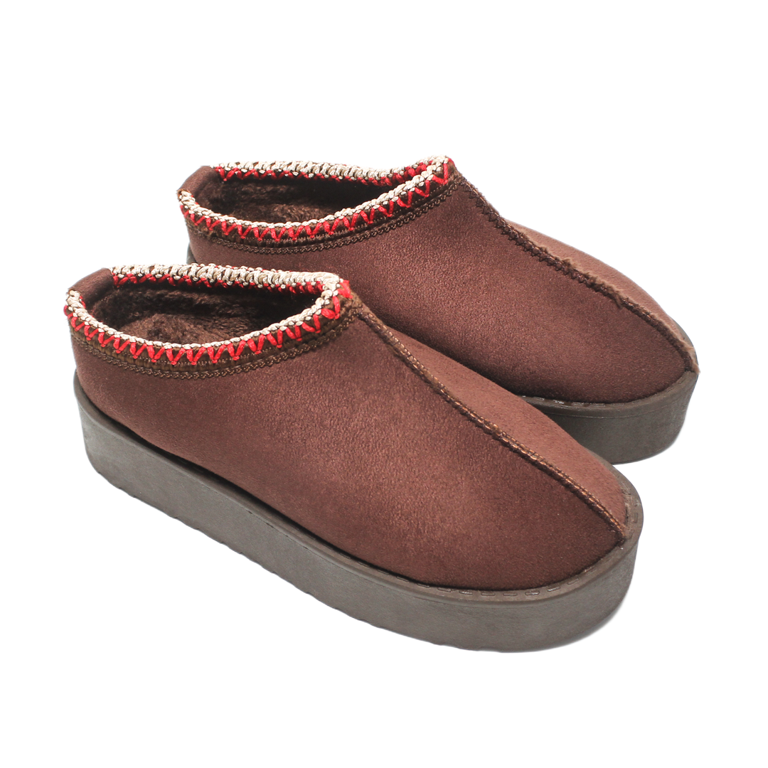 Suede Embroidered Platform Slippers – Brown