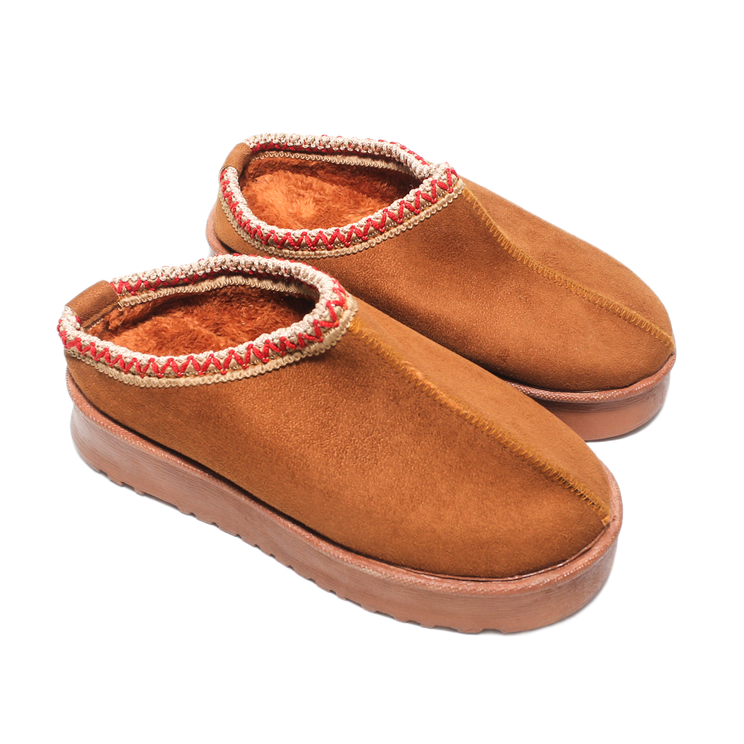 Suede Embroidered Platform Slippers – Camel