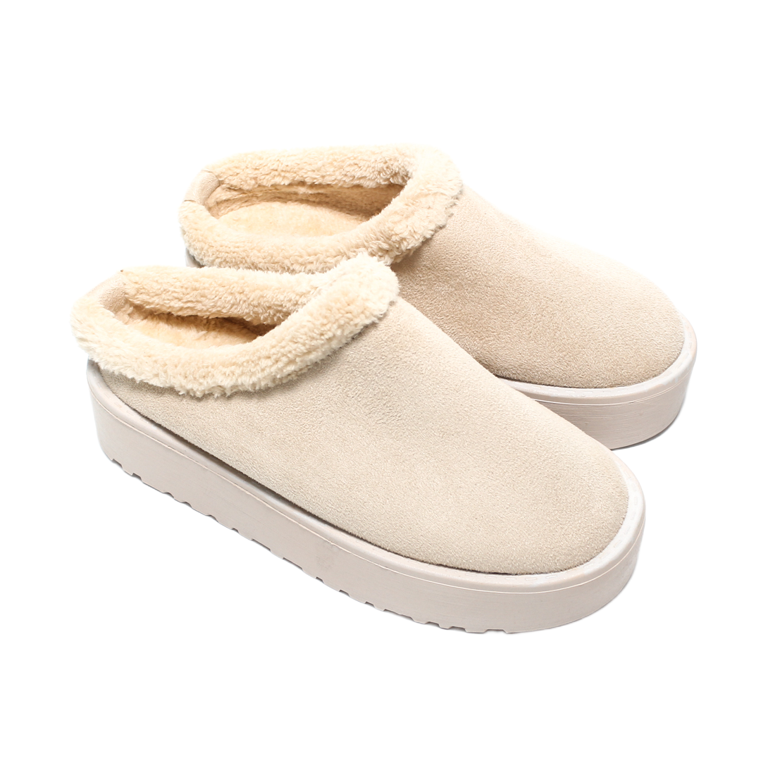 Suede Platform Fur Slippers – Beige