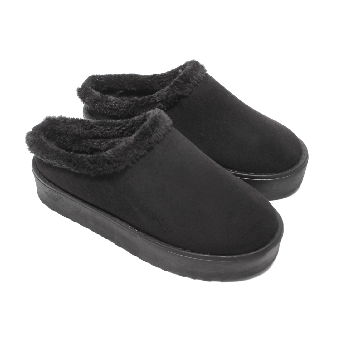 Suede Platform Fur Slippers – Black