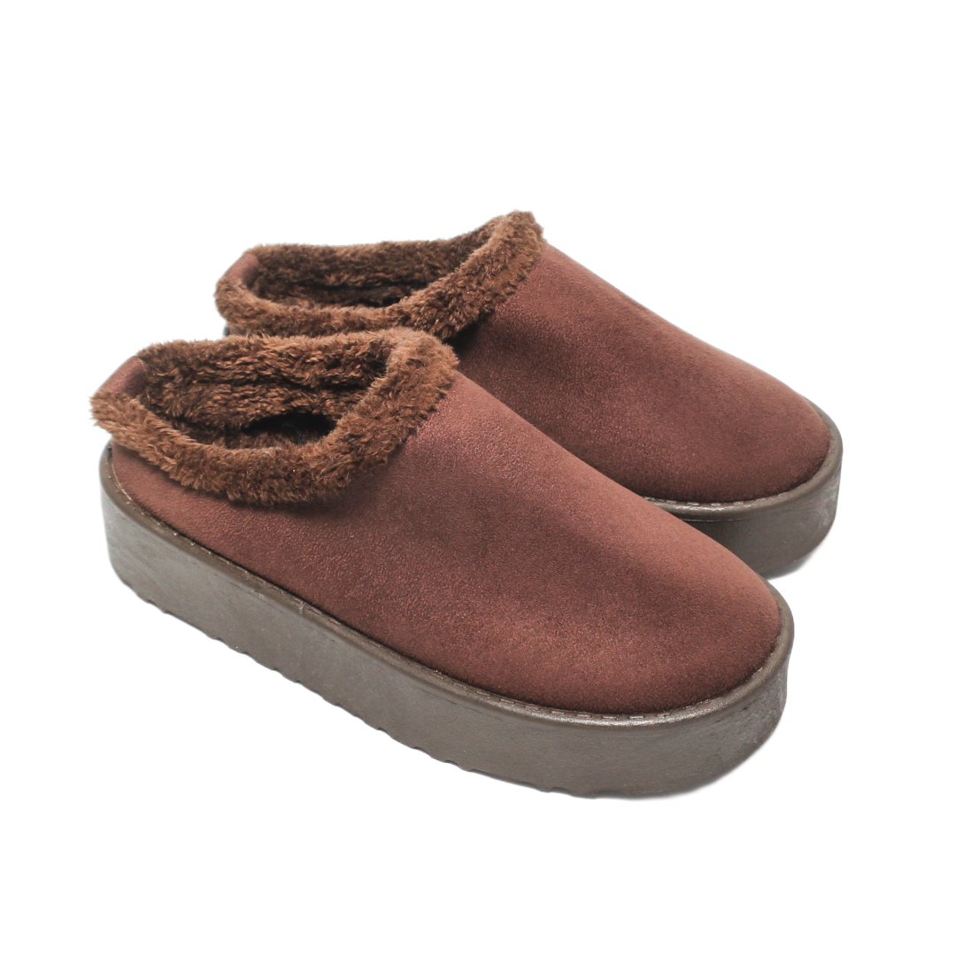 Suede Platform Fur Slippers – Brown