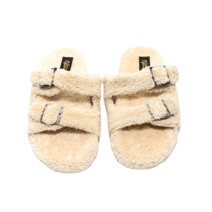 Fur Double Buckle Slippers – Beige
