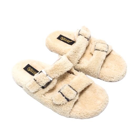 Fur Double Buckle Slippers – Beige