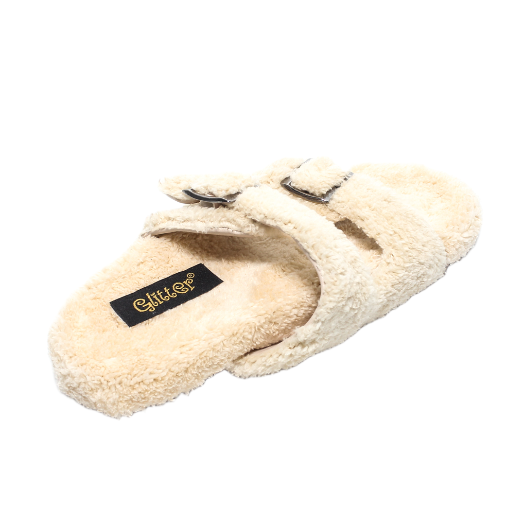 Fur Double Buckle Slippers – Beige